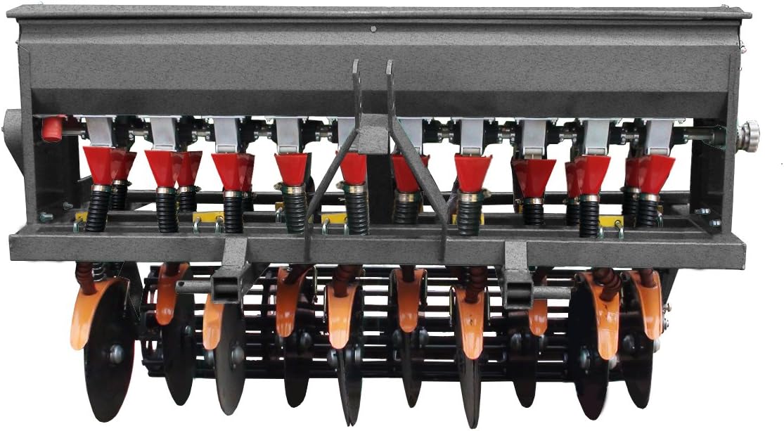 Field Tuff FTF-603PTS 60-inch 3-point seeder showing 10 red seed funnels, double-disc coulters and the rear roller