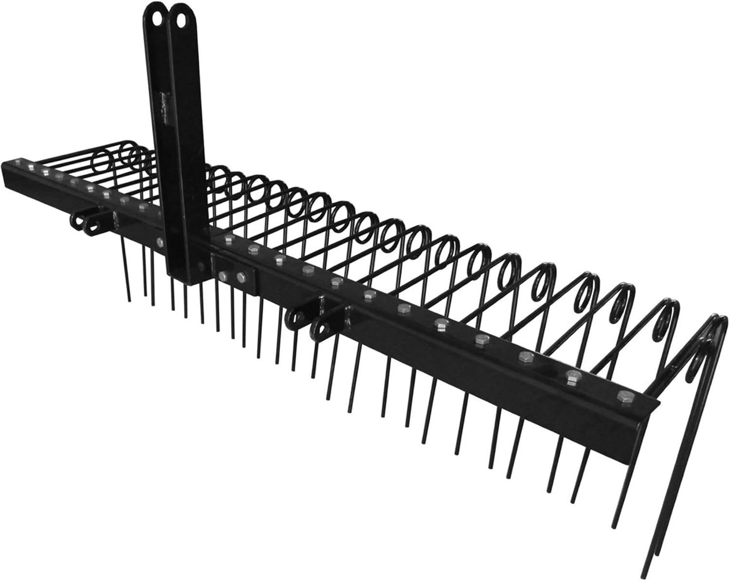 Field Tuff spring coil tine landscape rake with a long row of coiled spring steel tines on a steel frame